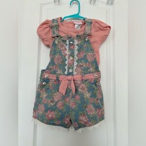 Little Lass Girl Floral Denim Overalls with Pink Accents